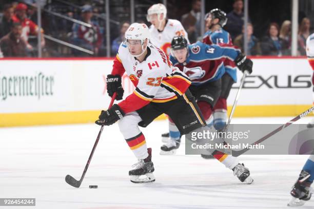 Sean Monahan of the Calgary Flames skates against the Colorado Avalanche at the Pepsi Center on February 28, 2018 in Denver, Colorado.