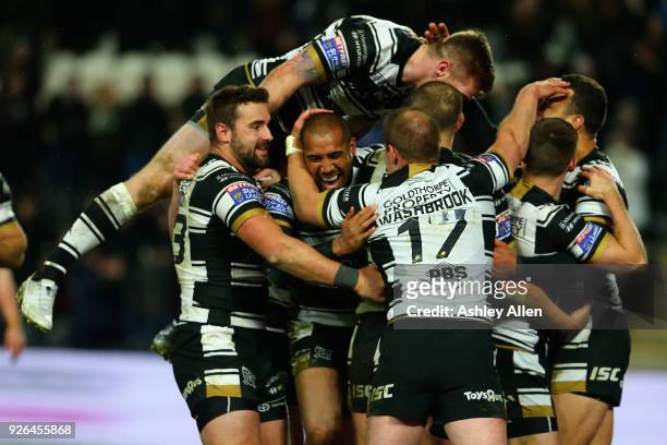 Hull FC celebrate during the BetFred Super League match between Hull FC and Warrington Wolves at KCOM Stadium on March 2, 2018 in Hull, England.