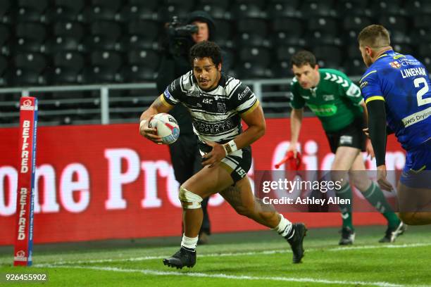 Bureta Faraimo of Hull FC scores a Try during the BetFred Super League match between Hull FC and Warrington Wolves at KCOM Stadium on March 2, 2018...