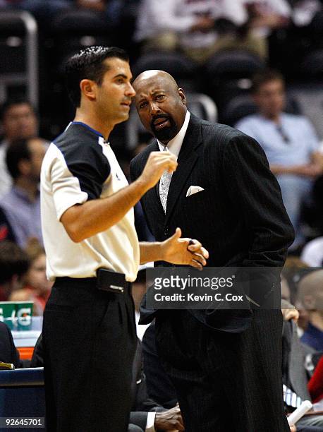 Head coach Mike Woodson of the Atlanta Hawks reacts to a foul called by referee Zach Zarba during the game against the Indiana Pacers at Philips...