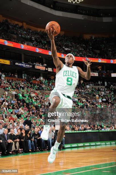 Rajon Rondo of the Boston Celtics goes to the basket against the Charlotte Bobcats during the game on October 28, 2009 at TD Banknorth Garden in...