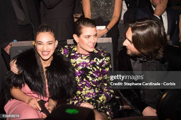 Camelia Jordana, Charlotte Casiraghi and Dimitri Rassam at Salle Pleyel on March 2, 2018 in Paris, France.