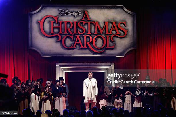 Andrea Bocelli sings prior to the World Film Premiere of Disney's 'A Christmas Carol' at the Odeon Leicester Square on November 3, 2009 in London,...