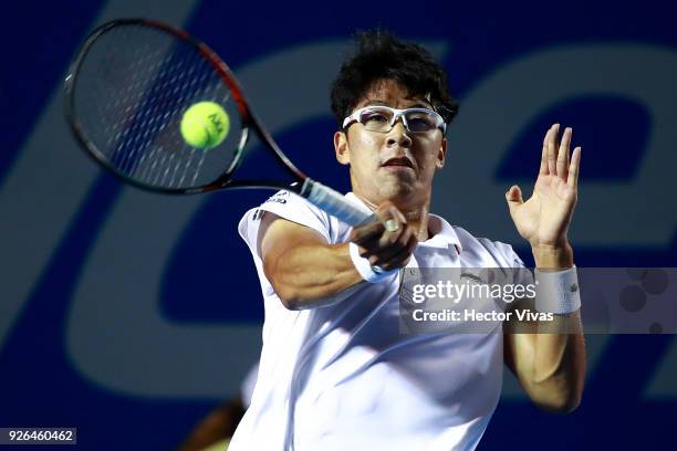 Hyeon Chung of Korea takes a forehand shot during the match between Hyeon Chung of Korea and Kevin Anderson of South Africa as part of the Telcel ATP...