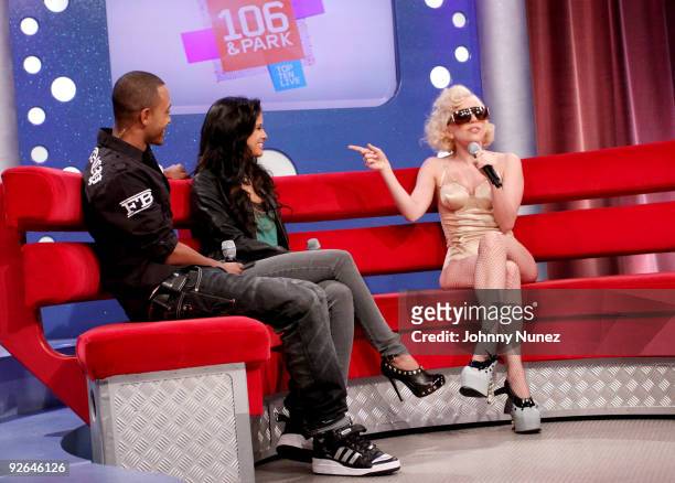 Terrence J., Rocsi and Lady Gaga on the set of BET's "106 & Park" at BET Studios on November 2, 2009 in New York City.