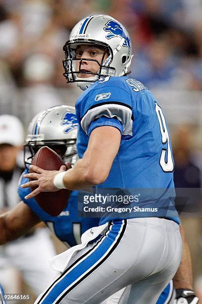 Matthew Stafford of the Detroit Lions drops back to pass during the game against the St. Louis Rams on November 1, 2009 at Ford Field in Detroit,...