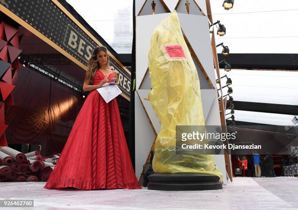 Fandango and CNN reporter Nikki Novak checks her phone during a break from a live television shot during preparations for the 90th Academy Awards on...