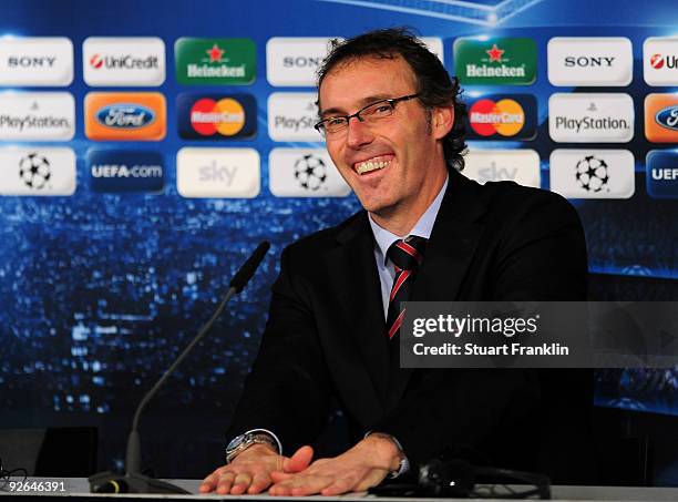 Head coach Laurent Blanc of Bordeaux attends the press conference after the UEFA Champions League Group A match between FC Bayern Muenchen and...