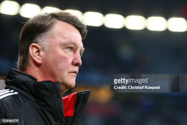 Head coach Louis van Gaal of Bayern looks on before the UEFA Champions League Group A match between FC Bayern Muenchen and Bordeaux at the Allianz...