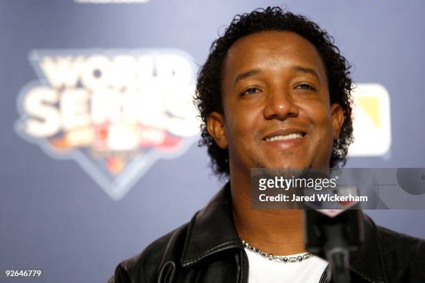 Pedro Martinez of the Philadelphia Phillies speaks to the media during a press conference at Yankee Stadium on November 3, 2009 in the Bronx borough...