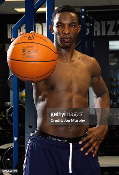 Hasheem Thabeet of the Memphis Grizzlies poses for a portrait in the Grizzlies weight room at FedExForum on October 30, 2009 in Memphis, Tennessee....