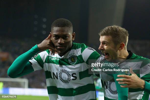 Sporting CP forward Rafael Leao celebrates scoring Sporting goal with Sporting CP defender Stefan Ristovki from Macedonia during the Portuguese...