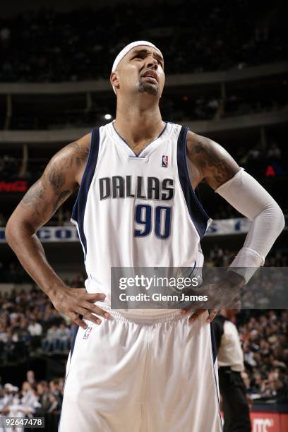 Drew Gooden of the Dallas Mavericks reacts during the game against the Washington Wizards at American Airlines Center on October 27, 2009 in Dallas,...