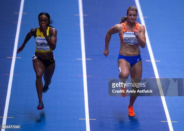 Elaine Thompson of Jamaica, Dafne Schippers of the Netherlands in action during the Semi Final of the Women's 60m on Day 2 of the IAAF World Indoor...
