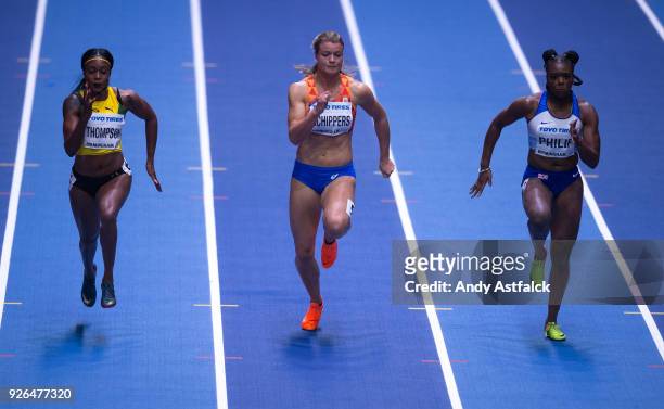 Elaine Thompson of Jamaica, Dafne Schippers of the Netherlands, Asha Philip of Great Britain, in action during the Semi Final of the Women's 60m on...