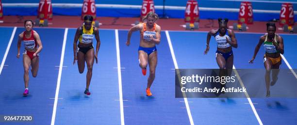 Xiaojing Liang of China, Elaine Thompson of Jamaica, Dafne Schippers of the Netherlands, Asha Philip of Great Britain, and Murielle Ahoure of the...