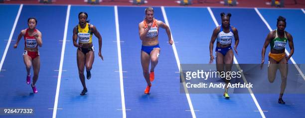 Xiaojing Liang of China, Elaine Thompson of Jamaica, Dafne Schippers of the Netherlands, Asha Philip of Great Britain, and Murielle Ahoure of the...