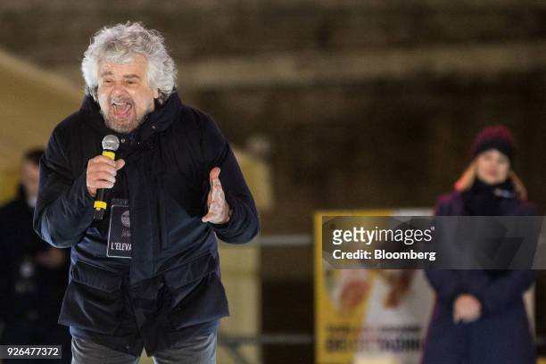 Beppe Grillo, comedian-turned-politician and founder of the Five Star Movement, speaks during a general election campaign rally for Luigi Di Maio,...