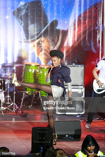 Shingai Shoniwa of The Noisettes perform before the annual switch on of Regent Street Christmas Lights on November 3, 2009 in London, England.