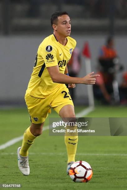 Leonardo Jara of Boca Juniors drives the ball during a groups stage match between Alianza Lima and Boca Juniors as part of Copa Conmebol Libertadores...