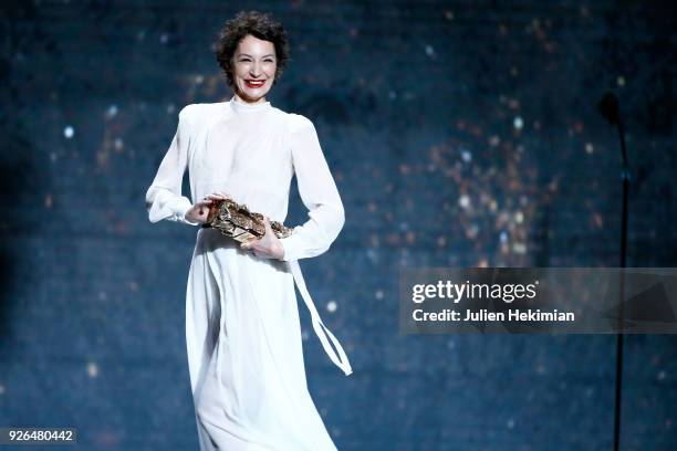 Jeanne Balibar receives the Best Actress Award for the movie "Barbara" during the Cesar Film Awards 2018 at Salle Pleyel on March 2, 2018 in Paris,...