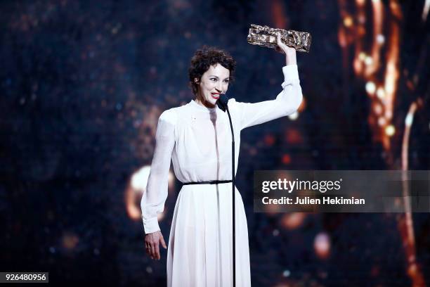 Jeanne Balibar receives the Best Actress Award for the movie "Barbara" during the Cesar Film Awards 2018 at Salle Pleyel on March 2, 2018 in Paris,...