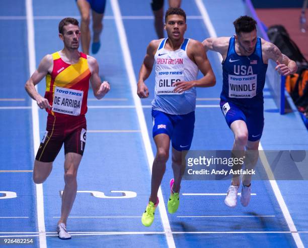 Alvaro De Arriba of Spain, Elliot Giles of Great Britain, and Drew Windle of the USA in action during round 1 of the Men's 800m on Day 2 of the IAAF...