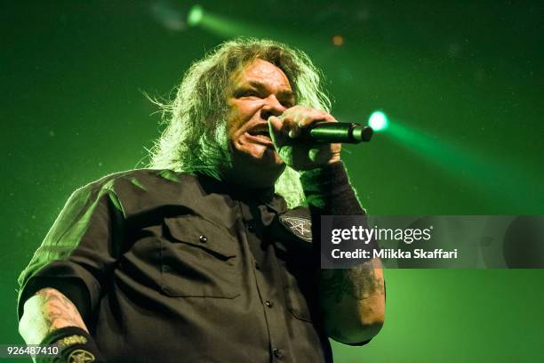 Vocalist Steve "Zetro" Souza of Exodus performs at Mr Pickles Thrash-tacular at The Regency Ballroom on February 25, 2018 in San Francisco,...