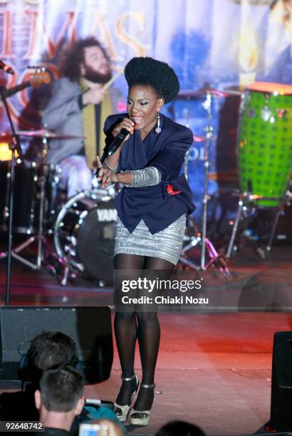 The Noisettes perform before the annual switch on of Regent Street Christmas Lights on November 3, 2009 in London, England.