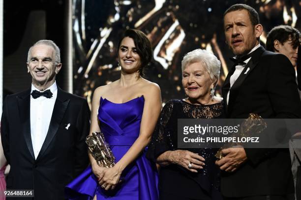 French-Armenian film producer Alain Terzian, Spanish actress Penelope Cruz with her Honour award, French singer Line Renaud, and French filmmaker,...