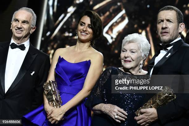 French-Armenian film producer Alain Terzian, Spanish actress Penelope Cruz with her Honour award, French singer Line Renaud, and French filmmaker,...