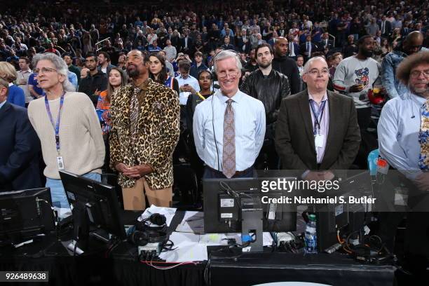 Walt Frazier and Mike Breen are seen during the game between the Golden State Warriors and New York Knicks on February 26, 2018 at Madison Square...