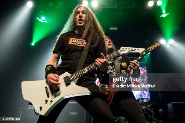 Guitarists Lee Altus and Gary Holt of Exodus perform at Mr Pickles Thrash-tacular at The Regency Ballroom on February 25, 2018 in San Francisco,...
