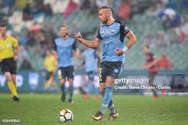 Jordy Buijs of Sydney FC passes the ball during the round 21 A-League match between Sydney FC and the Western Sydney Wanderers at Allianz Stadium on...