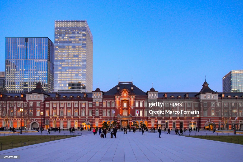 The reborn Tokyo Station at dusk, and the central part of Tokyo, which is centered about Tokyo Station, Marunouchi Commercial District, Japan