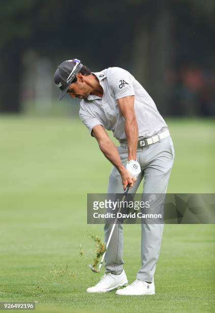 Rafa Cabrera Bello of Spain plays his second shot on the par 4, 18th hole during the second round of the World Golf Championships-Mexico Championship...