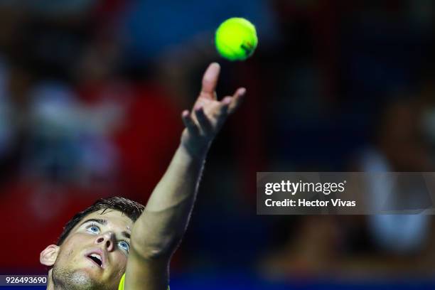 Dominic Thiem of Austria serves during the match between Juan Martin del Potro of Argentina and Dominic Thiem of Austria as part of the Telcel ATP...