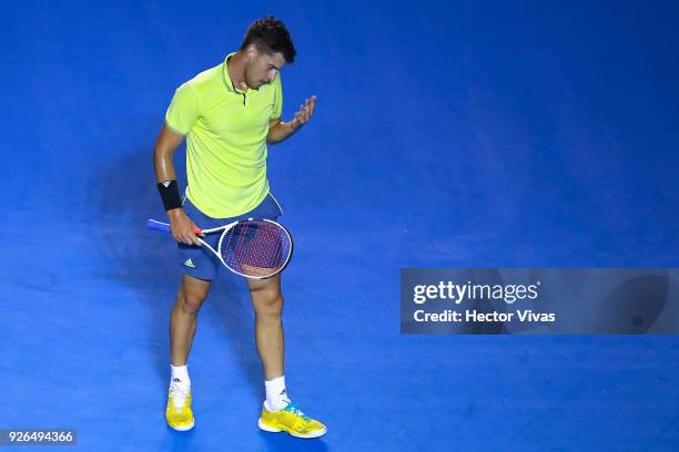 Dominic Thiem of Austria reacts during the match between Juan Martin del Potro of Argentina and Dominic Thiem of Austria as part of the Telcel ATP...