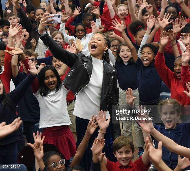 Storm Reid and students do a Selfie during A Wrinkle In Time Star Storm Reid Celebrates "Read Across America Day" At Chesnut Elementary, Her Former...