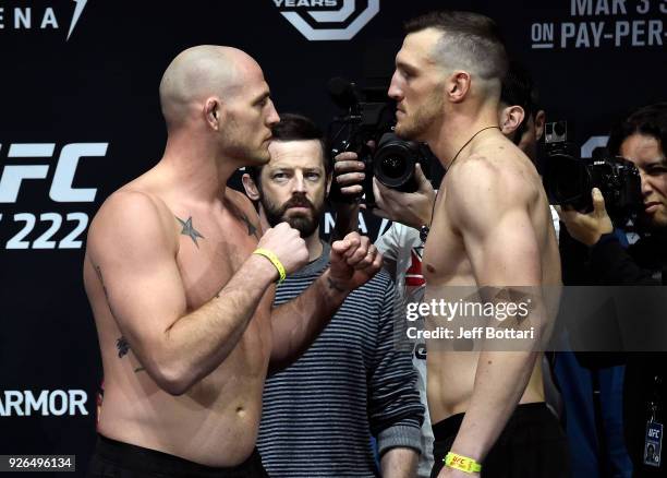 Jordan Johnson and Adam Milstead face off during a UFC 222 weigh-in on March 2, 2018 in Las Vegas, Nevada.