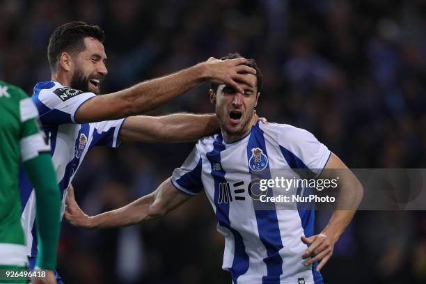 Porto's Spanish defender Ivan Marcano celebrates after scoring a goal during the Premier League 2017/18, match between FC Porto and Sporting CP, at...