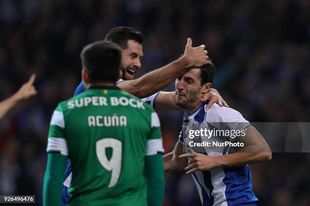 Porto's Spanish defender Ivan Marcano celebrates after scoring a goal during the Premier League 2017/18, match between FC Porto and Sporting CP, at...