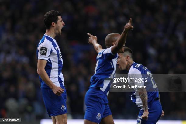 Porto's Spanish defender Ivan Marcano celebrates after scoring a goal during the Premier League 2017/18, match between FC Porto and Sporting CP, at...