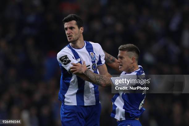 Porto's Spanish defender Ivan Marcano celebrates after scoring a goal during the Premier League 2017/18, match between FC Porto and Sporting CP, at...