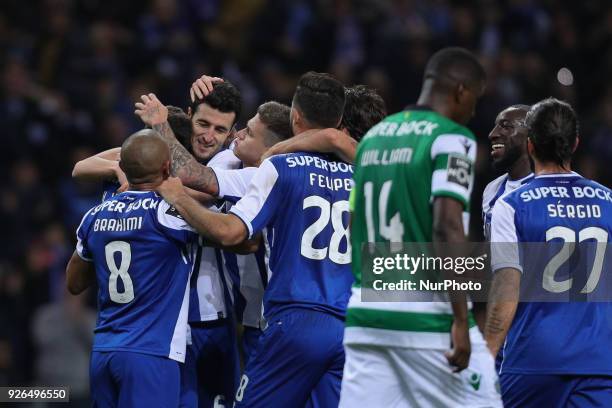 Porto's Spanish defender Ivan Marcano celebrates after scoring a goal during the Premier League 2017/18, match between FC Porto and Sporting CP, at...