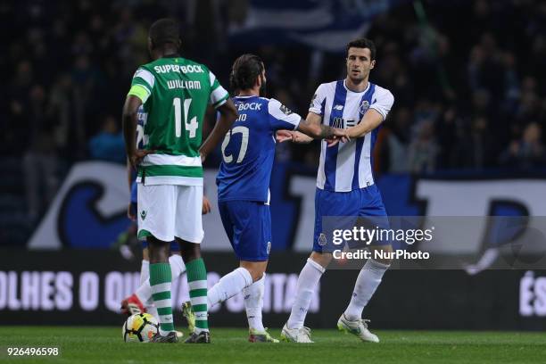 Porto's Spanish defender Ivan Marcano celebrates after scoring a goal during the Premier League 2017/18, match between FC Porto and Sporting CP, at...