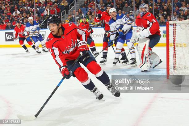 Madison Bowey of the Washington Capitals skates against the Buffalo Sabres during an NHL game on February 19, 2018 at KeyBank Center in Buffalo, New...