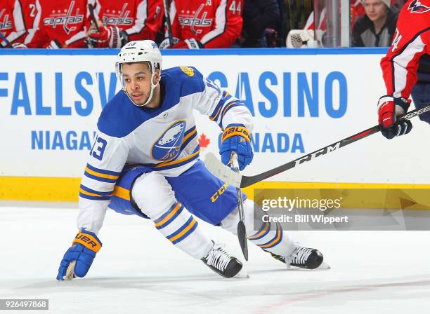 Nicholas Baptiste of the Buffalo Sabres skates against the Washington Capitals during an NHL game on February 19, 2018 at KeyBank Center in Buffalo,...