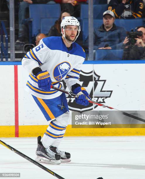 Marco Scandella of the Buffalo Sabres skates against the Washington Capitals during an NHL game on February 19, 2018 at KeyBank Center in Buffalo,...