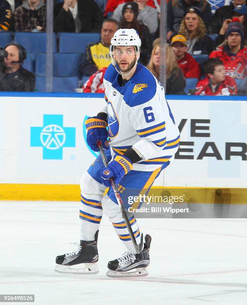 Marco Scandella of the Buffalo Sabres skates against the Washington Capitals during an NHL game on February 19, 2018 at KeyBank Center in Buffalo,...